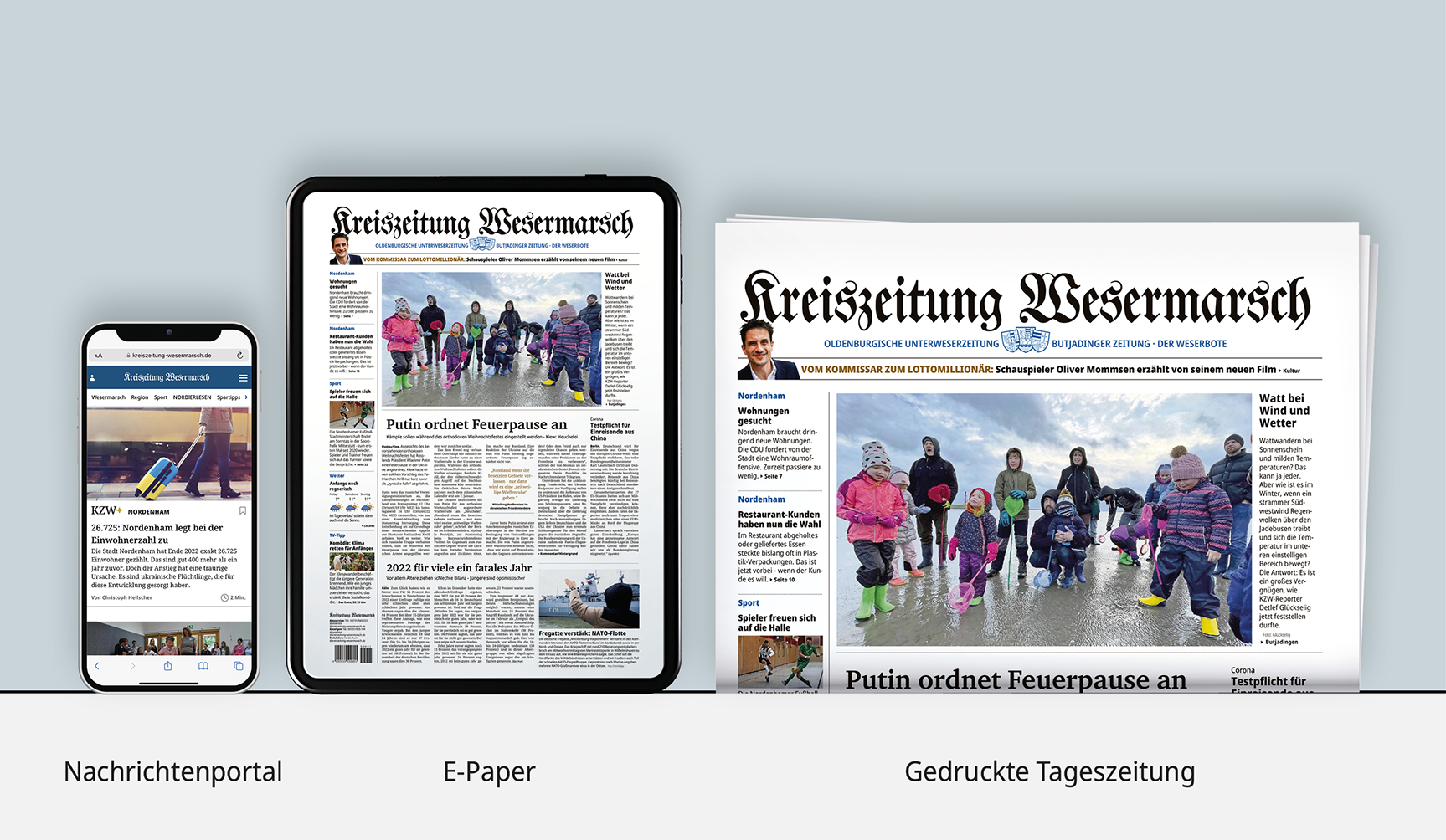 Das Bild zeigt drei verschiedene Formate der 'kreiszeitung-wesermarsch' links ist ein smartphone mit dem nachrichtenportal der zeitung zu sehen in mitte tablet digitalen ausgabe als e-paper und rechts eine gedruckte tageszeitung unter jedem format steht beschriftung