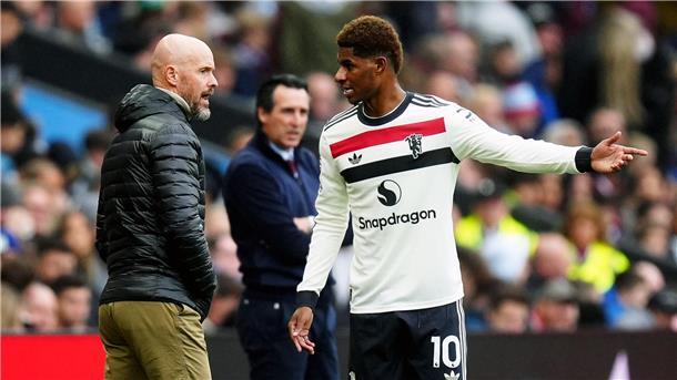 FC Barcelona leiht Rashford von Manchester United aus  Marcus Rashford (r) und Manchester Uniteds damaliger Trainer Erik ten Hag.