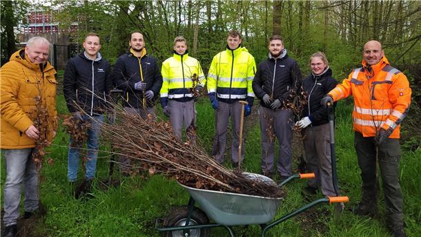 225 Setzlinge sind am Tag des Baumes im Rehau-Wald gepflanzt worden. Angeleitet von Michel Czerny (rechts) vom städtischen Bauhof machten sich Auszubildende der Firma Rehau an die Arbeit. Das freut auch Uwe Schubert (links) von der Stadtverwaltung.