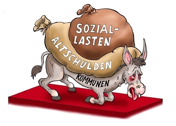 Ein gezeichneter Esel der unter der Last zweier Riesensäcke zusammenbricht.