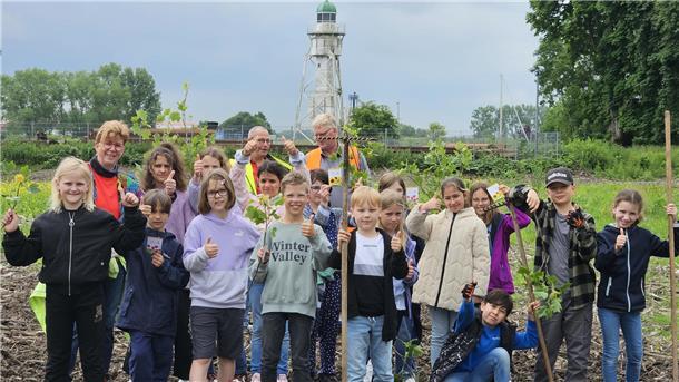 Am Strand säten die Kinder Sonnen- und Wiesenblumen.