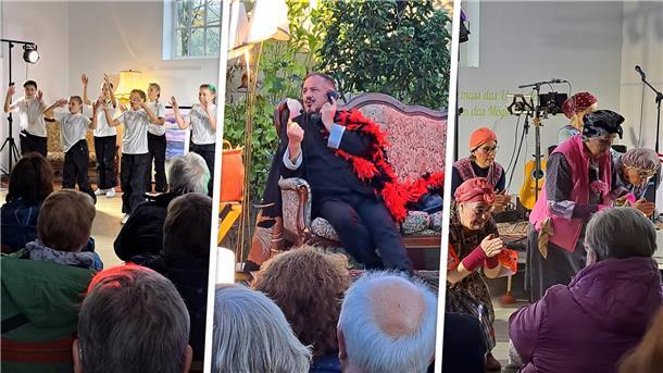 Wie zwei Frauen die Kultur bis ins kleinste Dorf holen Andrang rund um das „ Fliegende Kultursofa“ der Gemeinde Wurster Nordseeküste: Mit dabei waren unter anderem die Nachwuchstanzgruppe „Die Schnorkels“ (von links), der musialische Poet Andreas Auffenberg und die Theaterladys „Die Feudalen“.