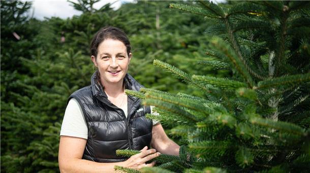 Angela Oelkers-Sötje kontrolliert Weihnachtsbäume auf ihrer Plantage.