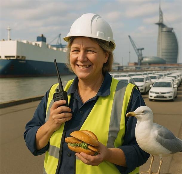 Bremerhaven in Bildern: So sieht ChatGPT die Stadt Auch die Hafenarbeiterin scheint Ihr Mittagessen – natürlich ein Fischbrötchen – mit einer Möwe zu teilen.