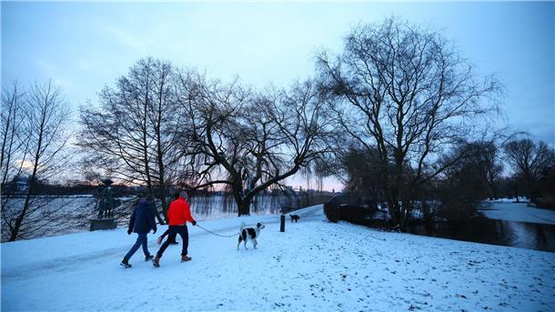 Winterwetter bremst Verkehr in Teilen Deutschlands aus Auch in Hamburg hat es geschneit: Spaziergänger sind an der Außenalster unterwegs.