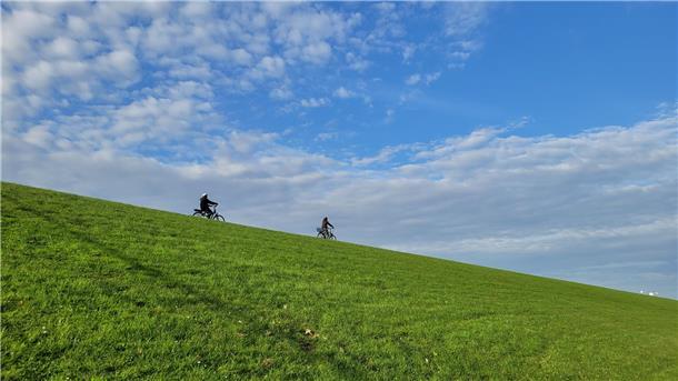 Selbstversuch: Wie gut ist der neue Fahrradweg an der Nordseeküste? Auf dem Deich mit Blick aufs Wattenmeer radeln: Auf kurzen Abschnitten in Wremen und Dorum ist sogar das möglich – bei kräftigem Wind aber nur eingeschränkt empfehlenswert.