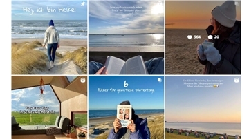 Screenshot des Insta-Feeds von Helke Gutsche mit sechs verschiedenen Bildern auf denen Sonnenuntergänge, Natur und die Protagonistin zu sehen sind.