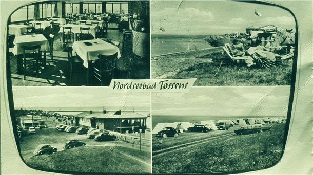 Es zeigt eine Bildercollage aus Ferienbildern in Tossens aus den 1930er Jahren. Gezeigt werden Bilder, der Familie Hellmann. 