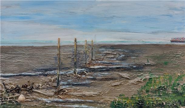 Aus Acrylfarben und Naturmaterialien entstehen Bilder vom Wattenmeer.