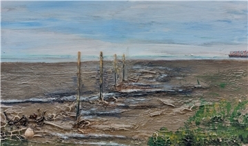 Aus Acrylfarben und Naturmaterialien entstehen Bilder vom Wattenmeer.