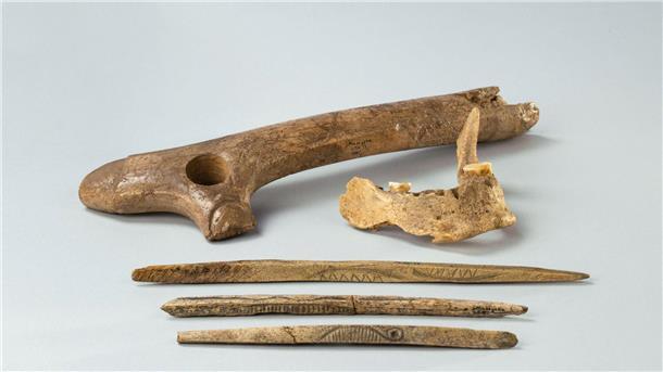 Studie: So überlebten Europäer einst das Eiszeit-Maximum Aus der Maszycka-Höhle in Südpolen: Ein Stück eines menschlichen Kiefers sowie Knochenund Geweihartefakte aus der Magdalenien-Kultur, die vor 19.000 bis 14.000 Jahren in großen Teilen Europas verbreitet war.