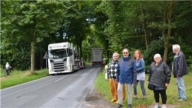 Ausgefahrene „Gräben“, zentimetertiefe Löcher: Grüne, SPD und Anwohner machen sich für ein Verbot von schweren Lkw auf der Dünenfährstraße stark.