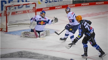Ein Eishockeyspieler der Fischtown Pinguins schießt gegen München ein Tor.
