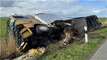 Bei dem Unfall geriet der Lkw gegen einen Baum und rutschte dann in den Graben. Die genaue Unfallursache und die Schadenshöhe ermittelt die Polizei.