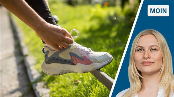 Zweigeteiltes Bild. Links: Laufschuh im Freien. Person schnürt den Schuh, der auf einem Metallgeländer abgestellt ist. Rechts: Marie Petersen, junge Frau mit blonden Haaren.