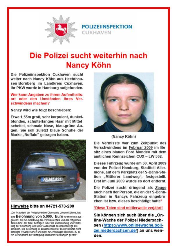 Vermisste Nancy Köhn: Polizei nimmt Suche wieder auf Vermisste Nancy Köhn: Polizei nimmt Suche wieder auf