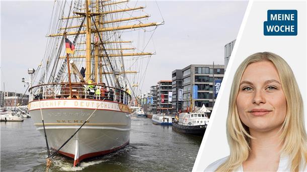Ein zweigeteiltes Bild. Links die "Schulschiff Deutschland", die an ihren Liegeplatz verholt wird. Rechts im Bild Marie Petersen (junge Frau mit blonden Haaren).
