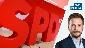 Bild-Kombo mit einem überdimensionalen Schriftzug „SPD“ und einem Autorenfoto eines Mannes.