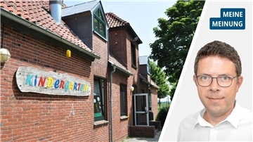 Die Collage zeigt links den Kindergarten in Abbehausen und rechts Redakteur Timo Kühnemuth.