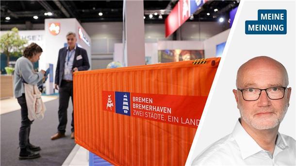 Geteiltes Bild mit ITB-Stand und Kommentator.