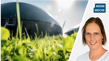 Die Collage zeigt das Porträt der Autorin neben einer Biogasanlage.
