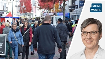 Collage Bild der Nordenhamer Innenstadt mit vielen Menschen / Portrait Andrea Vogt