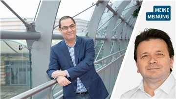 Links: Ein Mann steht vor einer Glaswand und blickt in die Kamera. Rechts: NZ-Reporter Ismail Kul.  