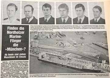 Blick in einen Zeitungsbericht vom 16. Dezember 1978: Zu den entsendeten Marinefliegern in das Suchgebiet bei den Azoren gehörte 1978 auch der Pilot Rolf Huber (links).