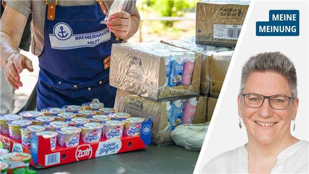 Zweigeteiltes Bild: links Joghurt und Wasser auf einem Tisch, dahinter eine Person mit einer Schürze, auf der steht "Bremerhaven hilft"; rechts Frau in weißer Bluse mit Brille