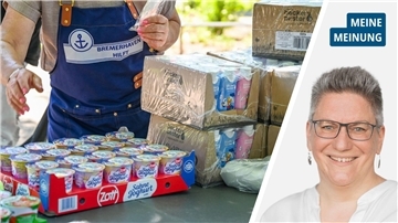 Zweigeteiltes Bild: links Joghurt und Wasser auf einem Tisch, dahinter eine Person mit einer Schürze, auf der steht "Bremerhaven hilft"; rechts Frau in weißer Bluse mit Brille