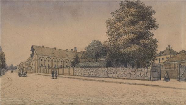 Bremervörder Lagerbier-Brauerei am Großen Platz, Zeichnung/Aquarell von Friedrich Gottlieb Müller, 1863.