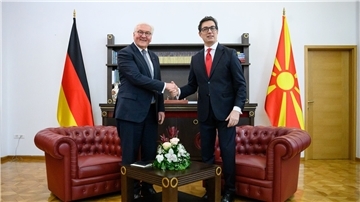 Bundespräsident Frank-Walter Steinmeier (l) hat den nordmazedonischen Präsidenten Stevo Pendarovski in dessen Amtssitz getroffen.