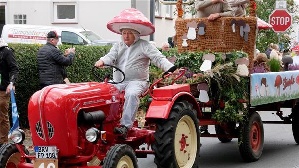 Eine Person fährt auf einem Traktor mit einem Festwagen dahinter.