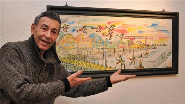 Von der Rückkehr der Deichgeister nach Nordenham Butjatha vor einem Bild vom Großensieler Hafen. Nach drei Jahrzehnten kehrt der Künstler mit einer Ausstellung zurück nach Nordenham. Die wird am Sonntag um 12 Uhr im Nordenhamer Museum eröffnet.