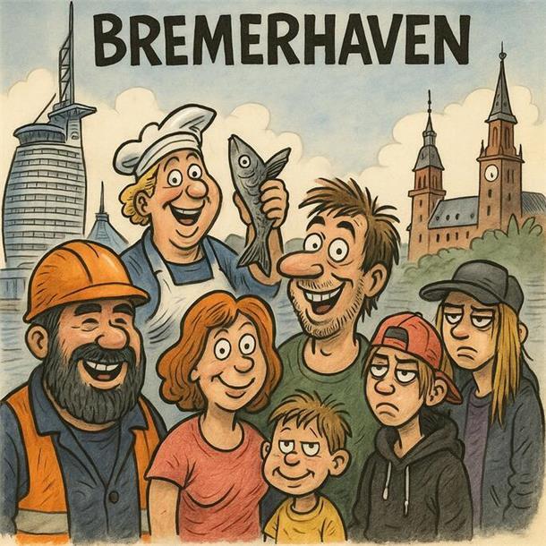 Bremerhaven in Bildern: So sieht ChatGPT die Stadt ChatGPT zeichnet eine Karikatur über die Bremerhavener mit all ihren Eigenheiten.