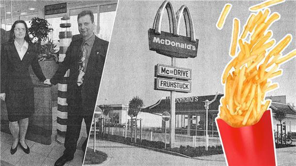 Eine Frau und ein Mann stehen in schicker Kleidung nebeneinander. Im Bild daneben ist eine Mc Donald's Filiale zu sehen. Daneben sind Pommes zu sehen.