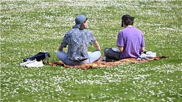 Zwei Jugendliche sitzen auf einer Wiese mit vielen Gänseblümchen. 