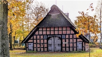 Historisches Fachwerkhaus mit Reetdach im herbstlich gefärbten Freilichtmuseum Frelsdorf, umgeben von Laubbäumen mit gelb-orangefarbenem Blattwerk.