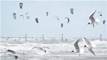 Kitesurfer surfen an der Nordsee.