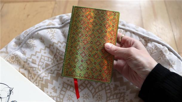 Hand hält Buch mit grünem Muster 
