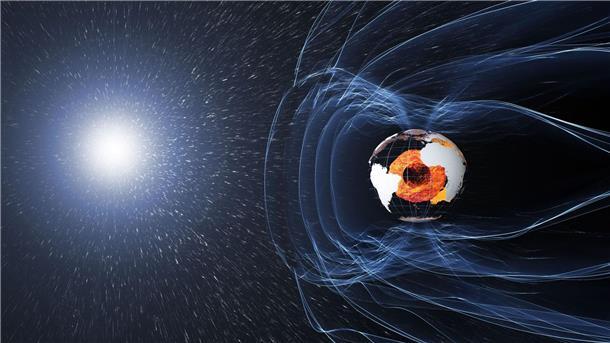 Überlebenswichtiges Magnetfeld der Erde in Bewegung Das Magnetfeld und die elektrischen Ströme in und um die Erde erzeugen komplexe Kräfte (künstlerische Darstellung).