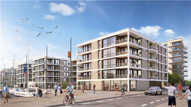 Das „Panorama II“ entsteht am nördlichen Ende des Neuen Hafens an der Schleusenstraße. 24 Wohnungen und Gewerbe im Erdgeschoss sollen hier entstehen.