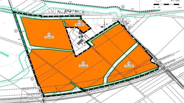 Das Plangebiet für den Solarpark „Oereler Heide“ im Ortsteil Oerel-Bahnhof ist rund 69 Hektar groß. Am unteren Rand ist bereits die A20 eingezeichnet. Ob die Autobahn genau dort gebaut wird, steht allerdings noch nicht fest.