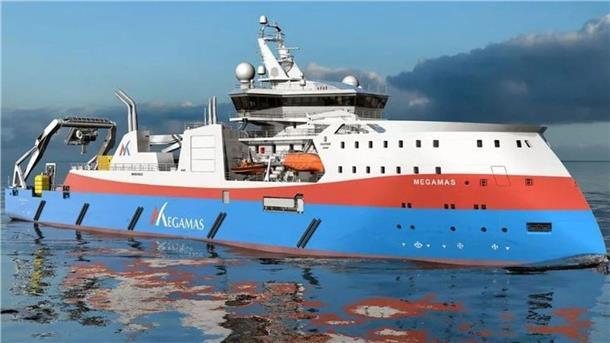 Rendering eines modernen Kabelverlegeschiffs in den Farben Blau, Weiß und Rot mit dem Schriftzug „MEGAMAS“ auf dem Rumpf. Das Spezialschiff ist mit technischen Anlagen und Kränen für Offshore-Arbeiten ausgestattet und liegt auf ruhigem Wasser vor bewölktem Himmel.