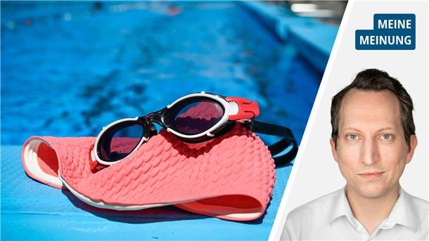 Darum müssen wir alles dafür tun, Schwimmbäder zu erhalten In der linken Hälfte sind eine Badekappe, eine Schwimmbrille sowie ein Becken im Hintergrund zu sehen. Rechts daneben ist der Kopf des Autors zu sehen, der ein weißes Hemd trägt.