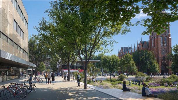 Bürgerdialog zu Bremerhavens Innenstadt: Debatte um die Sichtachse Die Visualisierung zeigt, wie der Bereich vor der Großen Kirche aussehen könnte. Man sieht links C&A und rechts eine grüne Oase. Das künftige Gebäude auf dem Karstadt-Gelände ist nicht zu sehen.