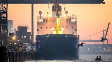 Das Spezialschiff "Pacific Grebe" legt im Hafen von Nordenham an.