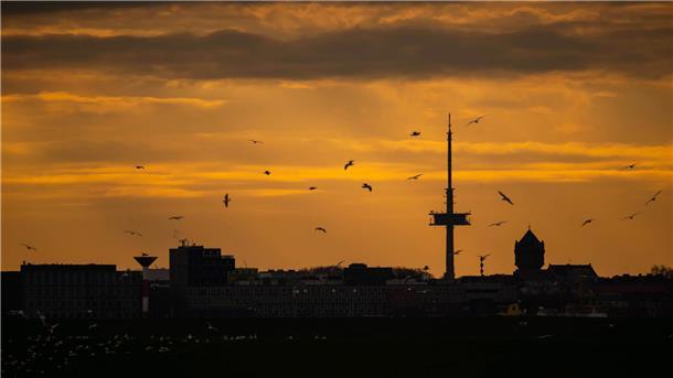 So schön ist unser Bremerhaven bei Sonnenaufgang Der Blick auf den Lunedeich präsentiert den Wasserturm in Geestemünde und den Fernsehturm Schiffdorf. Im dunklen Vordergrund lassen sich Gebäude des AWI erahnen.