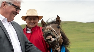 Der damalige Bundesaußenminister Frank-Walter Steinmeier (l) hat bei seiner Reise in die Mongolei im Jahr 2014 ein Pferd namens „Donnernde Hufe“ geschenkt bekommen (Archivbild).