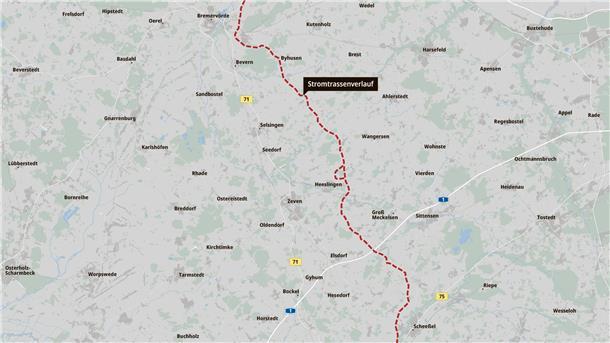Der erste Entwurf des vorgeschlagenen NordWestLink-Leitungsverlaufs im Landkreis Rotenburg. Karte: Mapcreator.io | OSM.org